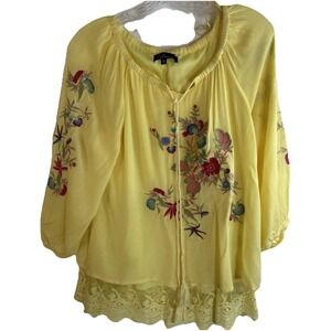 Calissa Sz Medium Yellow W/Embroidery 3/4 Slv Scp Neck Layered/Tiered Tunic Top